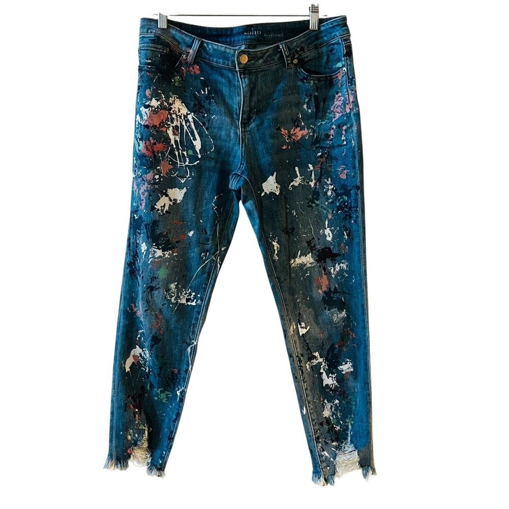 New York & Company Boyfriend Paint Splatter Raw Hem Jeans Size 8 - Picture 2 of 8
